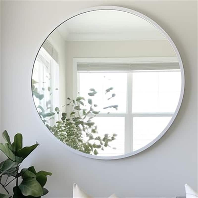 42" Metal Framed Round Mirror with Shatterproof Film and Hooks - Silver