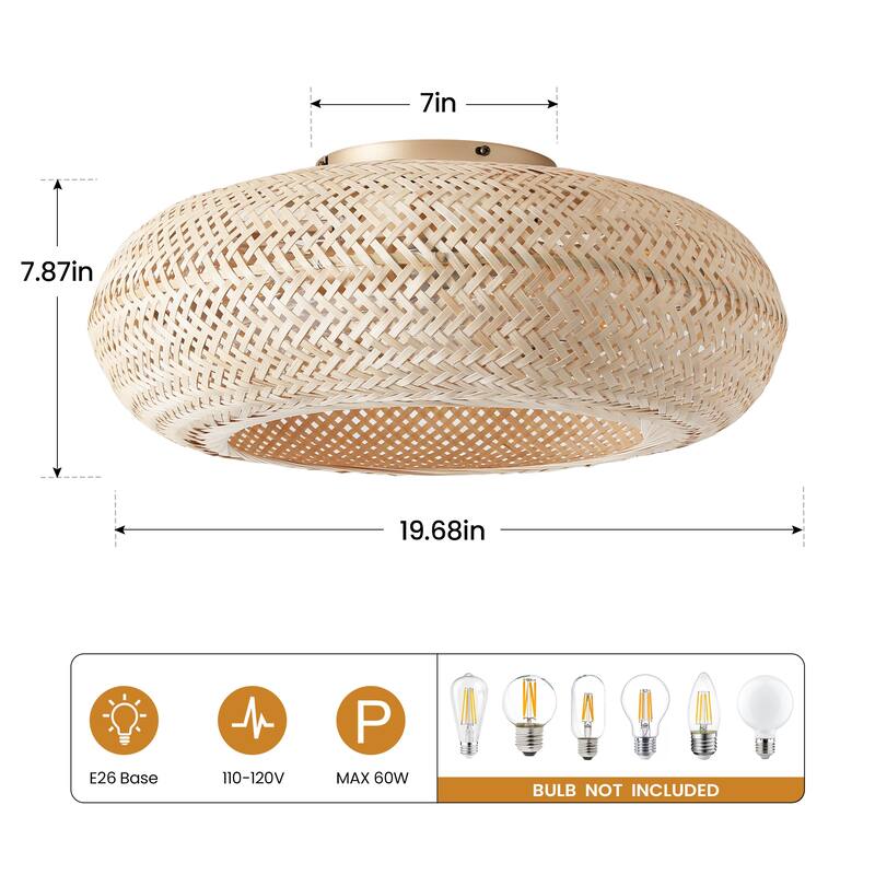 20 Inch Boho Rattan Caged Ceiling Fan with Lights Flush Mount - 4-Light