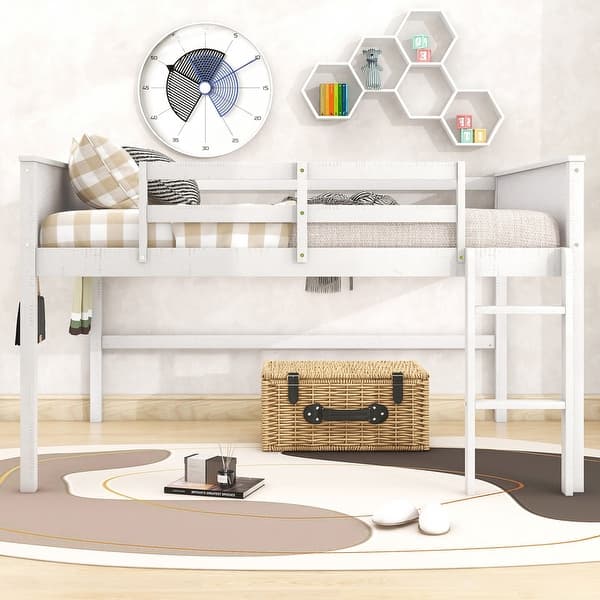 Full Size White Wood Loft Bed with Hanging Clothes Racks and Playful