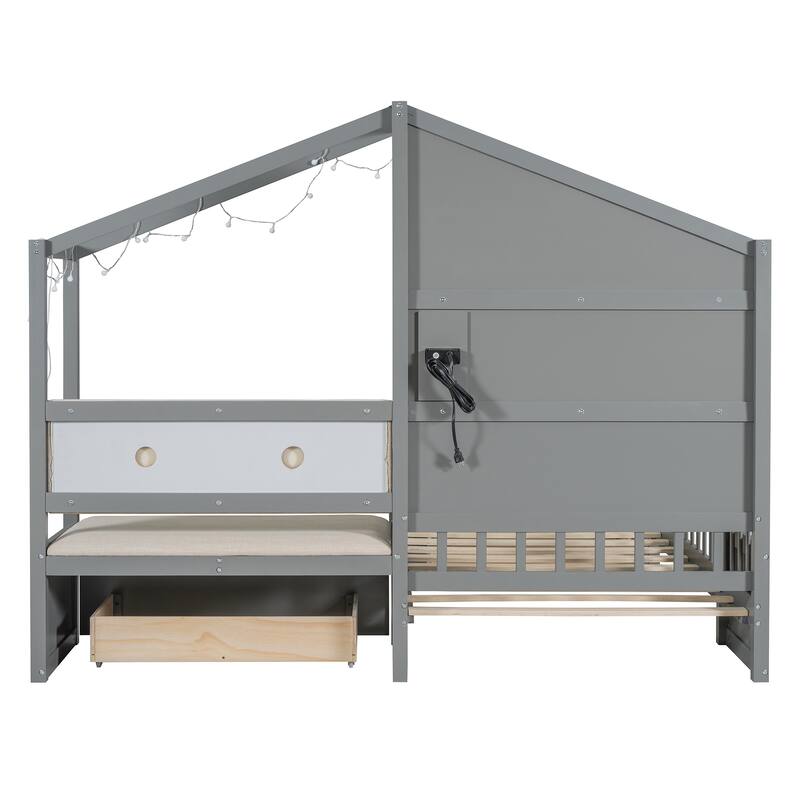 Twin Size House Bed with Upholstered Sofa, House Bed with Charging Station