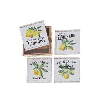 Set Of 4 Wooden Coaster With Holder (Lemon)