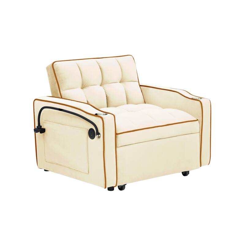 Versatile Foldable Sofa Bed In 3 Lengths, Velvet Pull-out Bed, Adjustable Back, USB Port And Ashtray And Swivel Phone Stand