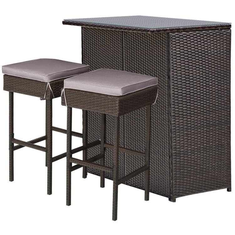 3-Piece Patio Rattan Wicker Bar Set with 2 Cushioned Stools for Outdoor Entertaining - 40" x 24" x 41.5" (L x W x H)