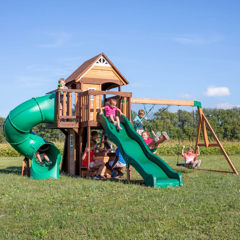 Backyard Discovery Cedar Cove Cedar Wood Swing Set, Slides, Clubhouse - 18'4" x 15'3"