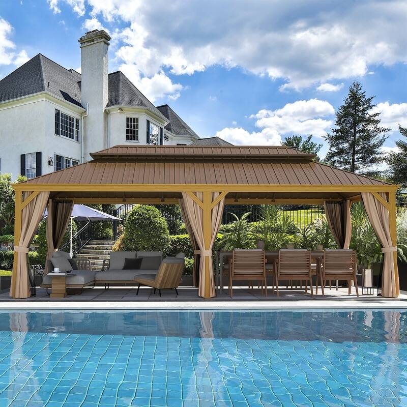 Erommy Pro Series Outdoor Galvanized Steel Roof Gazebo Pergola w/ Aluminum Frame & Vertical Rain Cutter