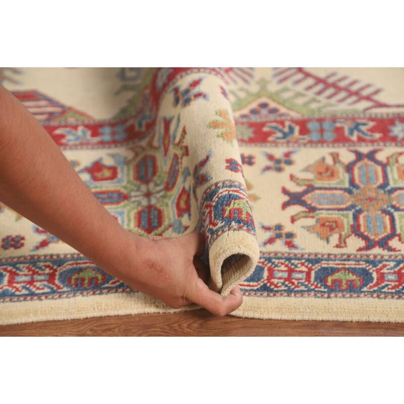 Geometric Beige Kazak Oriental Area Rug Hand-Knotted Wool Carpet - 8'2"x 9'9"