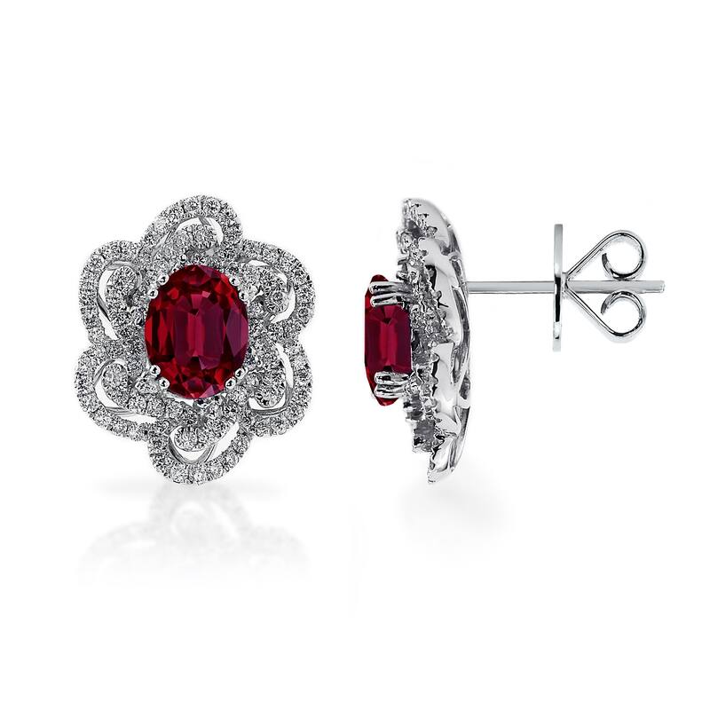Auriya 2 3/4ct Fancy Oval-cut Red Ruby Halo Diamond Stud Earrings 9/10ctw 18k Gold