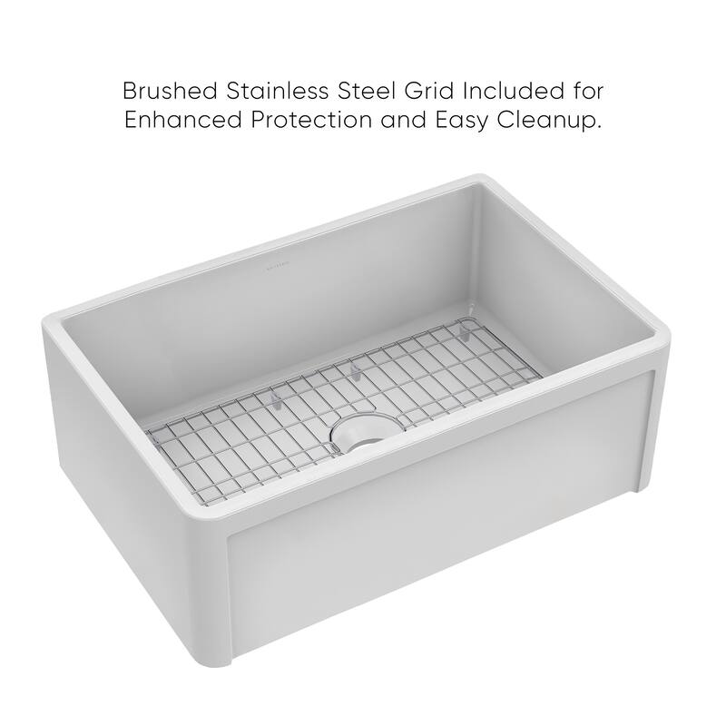 Reversible Fireclay Kitchen Sinks With Grid Three Edge Frame, Plain Front Apron