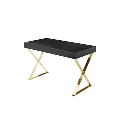 Ada Office Desk, 2 Drawers, Black Wood and Gold X Steel Legs, 47 Inch