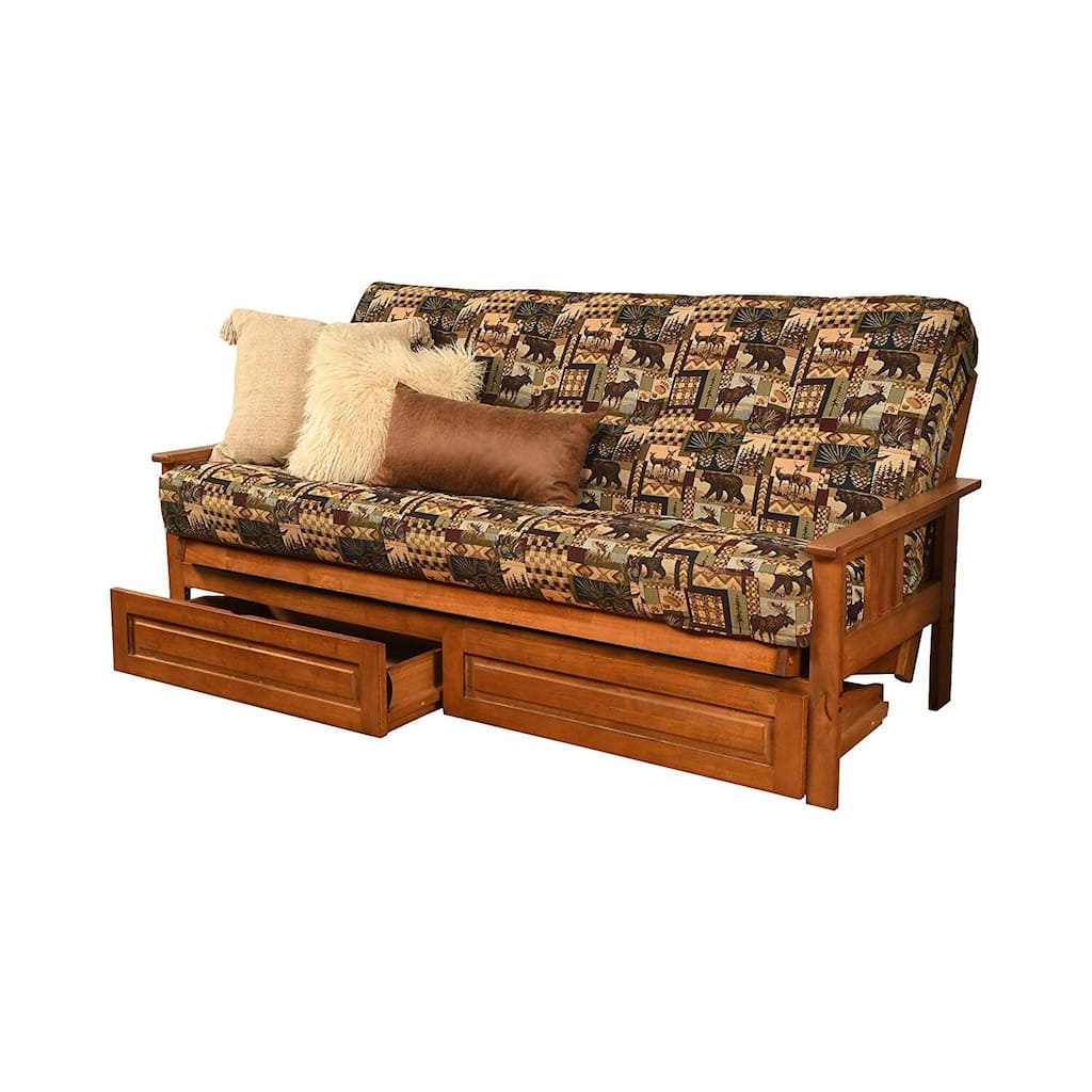 79 in. Barbados/Peter's Cabin Fabric Upholstered Full Size Futon Set with Mattress and Storage Drawers