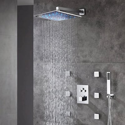 16" LED Wall Rainfall 3 Way Thermostatic Faucet Shower System w/6 Body Jets