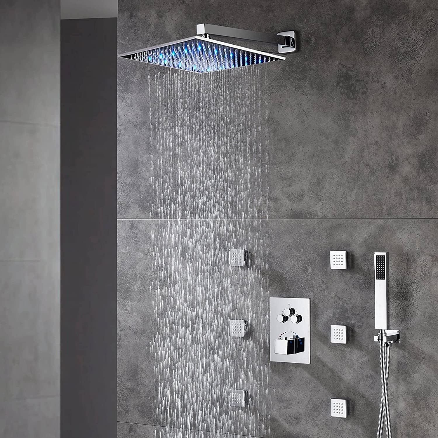 16" LED Wall Rainfall 3 Way Thermostatic Faucet Shower System w/6 Body Jets