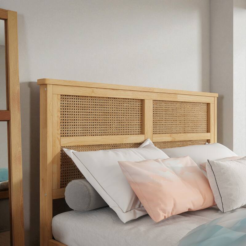Full/King Size Rubber Wood Bed with Rattan Headboard and 2 Storage Drawers, Solid Frame with Reinforced Support Slats and Feet