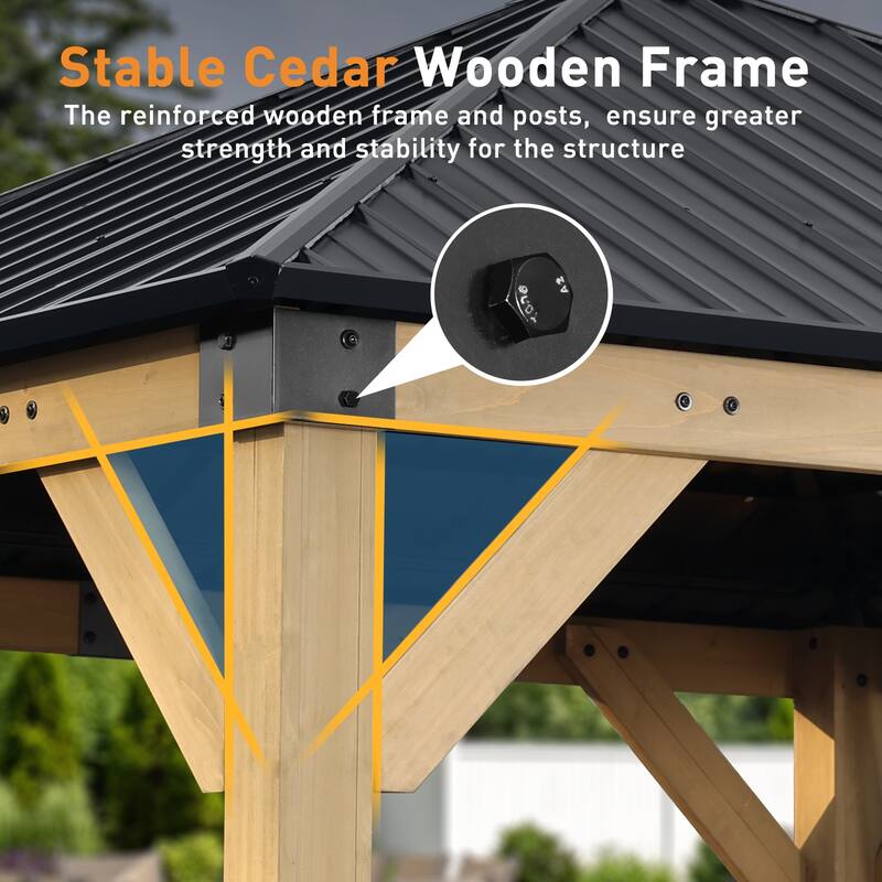 Aoodor 10 x 10 ft Wooden Frame Gazebo with 2-Tier Galvanized Metal Hardtop Roof, Outdoor Patio Gazebo with Charging Socket