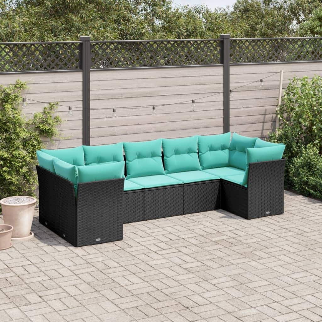 vidaXL 7 Piece Patio Sofa Set with Cushions Black Poly Rattan - 113.8x27.2x48.8