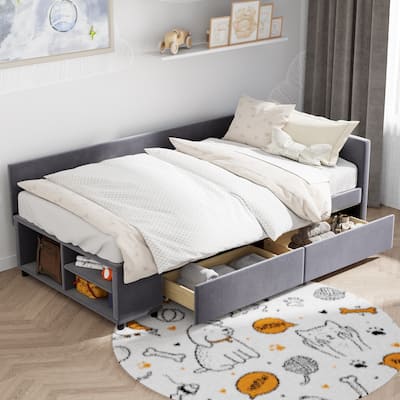 L-Shaped Velvet Upholstered Platform Bed, Wood Daybed Storage Space on End Bed, Panel Bed with Pull-out Drawers