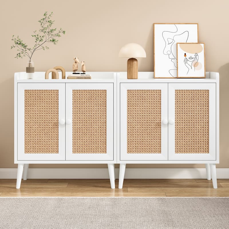 Sideboard Buffet Cabinet with Storage, Bar Liquor Cabinet with Rattan Decorated Doors, Credenza Console Tablefor Dining Room
