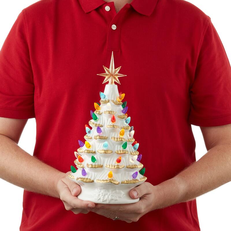 12in Hand Painted Ceramic Christmas Tree PreLit Tree with Star