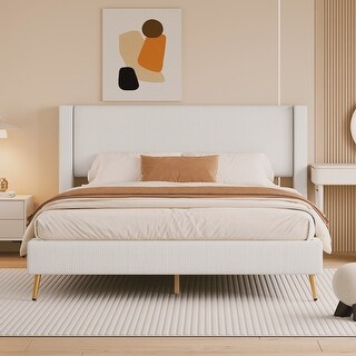Queen Size Corduroy Upholstered Platform Bed with Wingback Headboard