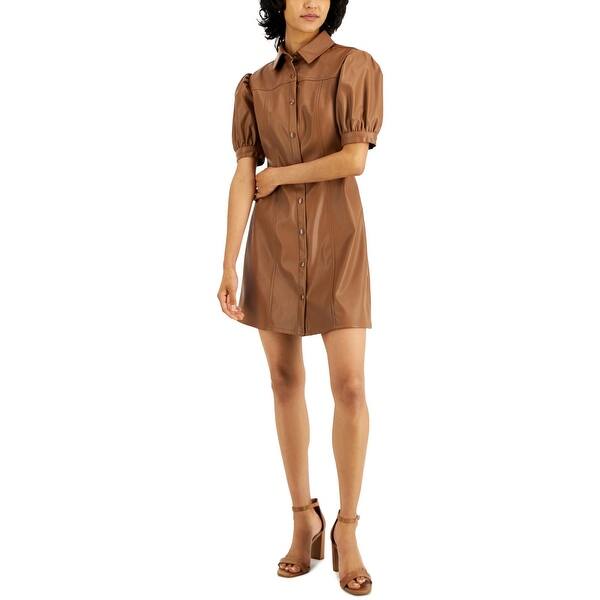 Kit & Sky Junior's Faux Leather Puff Sleeve Button Down Pleated Dress Brown  Size Xx-Small - Bed Bath & Beyond - 40568898