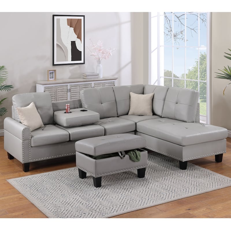 3 Piece Faux Leather Sectional Sofa Set with Storage Ottoman
