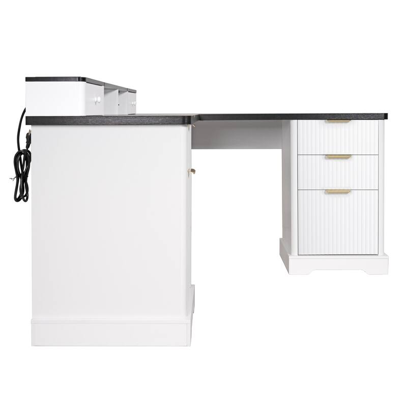 Roomfitters 59" Modern Fluted L-Shaped Desk with Charging Station, Monitor Stand & File Drawer