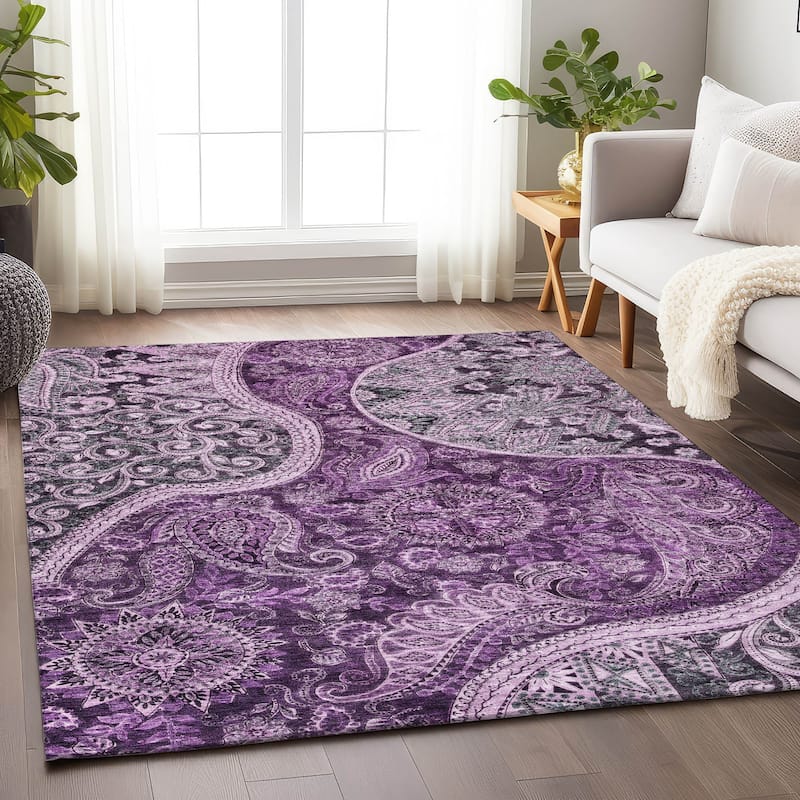 Machine Washable Indoor/ Outdoor Modern Paisley Chantille Rug - Purple - 5' x 7'6"