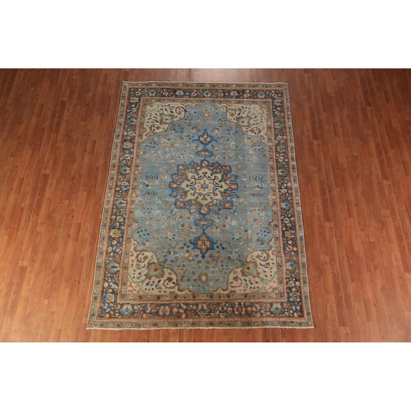 Blue Medallion Tabriz Persian Area Rug Handmade Oriental Wool Carpet - 6'5"x 9'5"