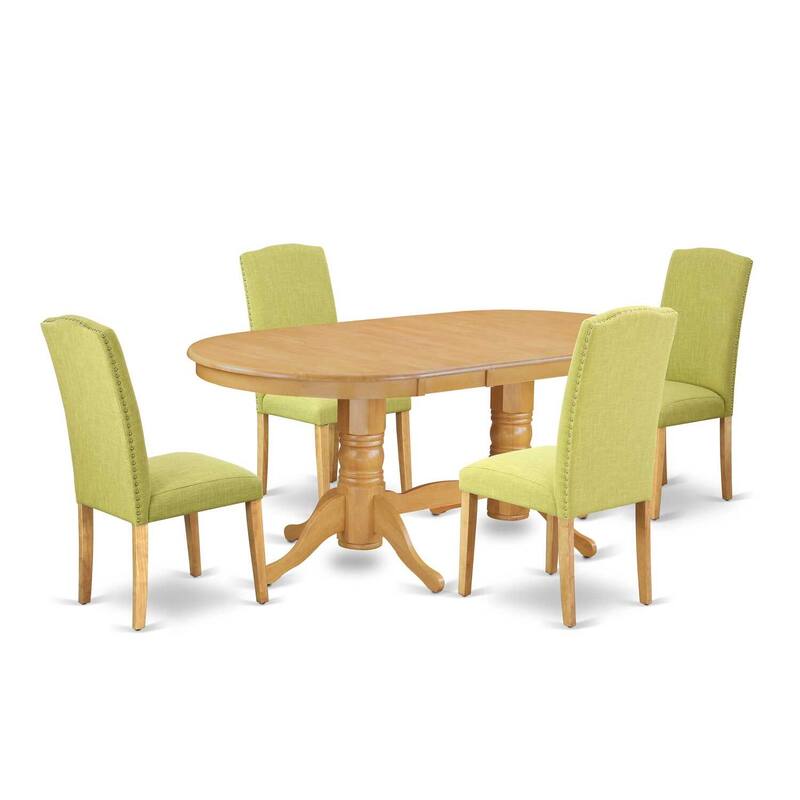 Vintage Dining Set 5 Piece - Table with Leaf & 4 Parsons Chairs - Linen Fabric & Oak Legs - Home Dining Room Set
