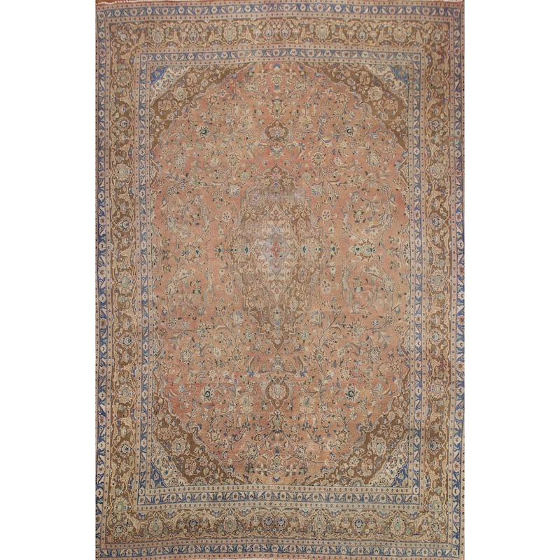 Hand Knotted Oriental 100% Wool Carpet Traditional Floral Coral Mashad Area Rug - 12' 6'' X 9' 2''