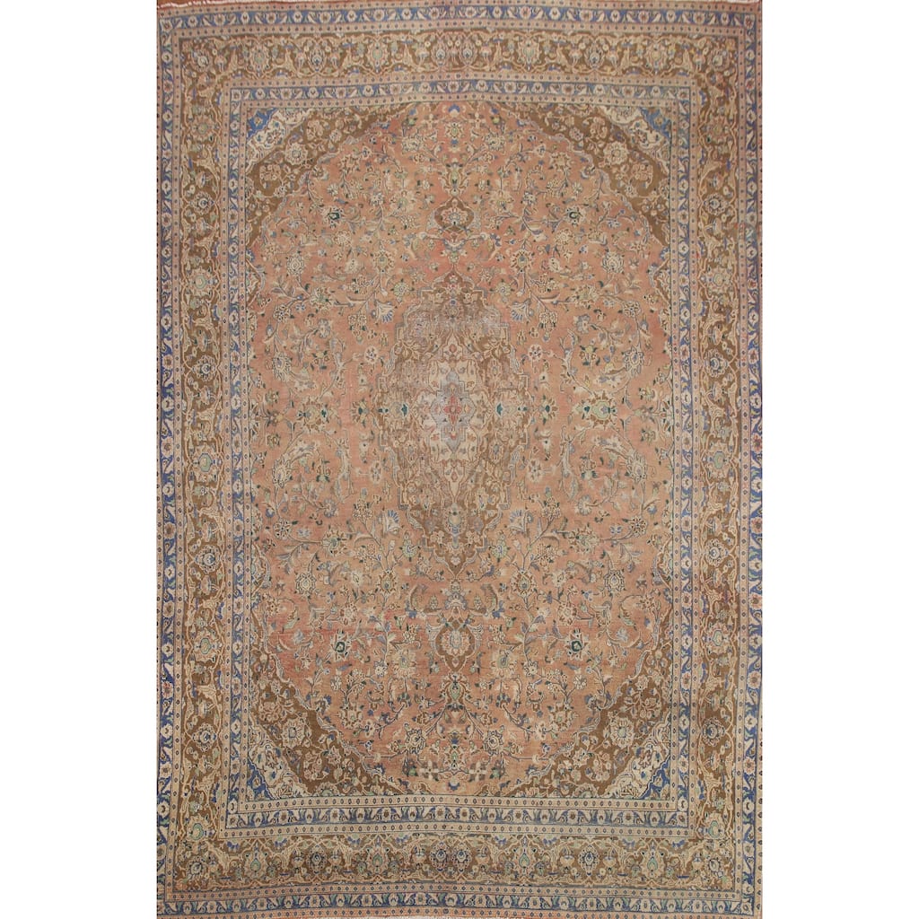 Hand Knotted Oriental 100% Wool Carpet Traditional Floral Coral Mashad Area Rug - 12' 6'' X 9' 2''