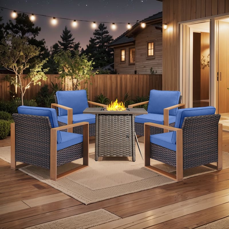 Pocassy Fire Pit Table with Outdoor Sofa Chair Ottoman Set - Brown Wicker Blue Cushion - 5-Piece Patio Chair with Suqare Fire Table