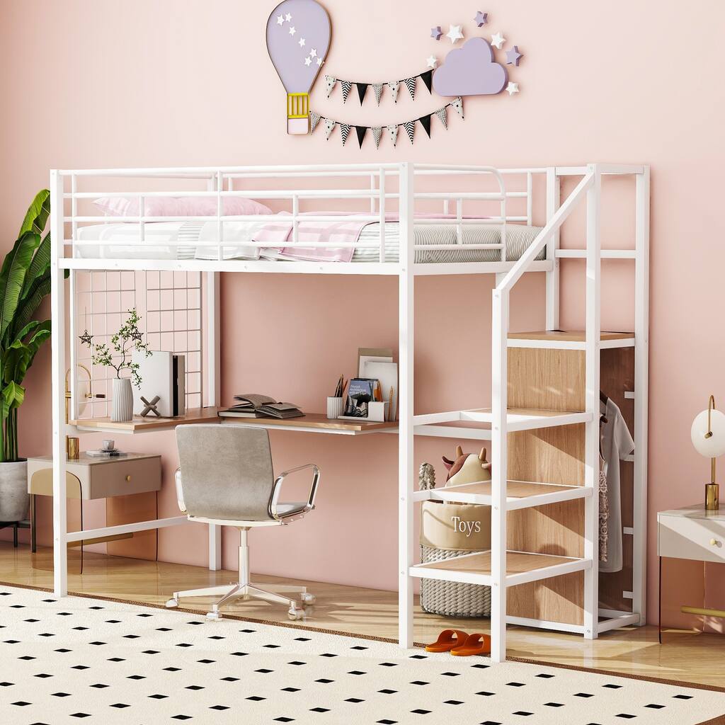 Twin Size Metal Loft Bed with Desk, Lateral Storage Ladder, and Wardrobe