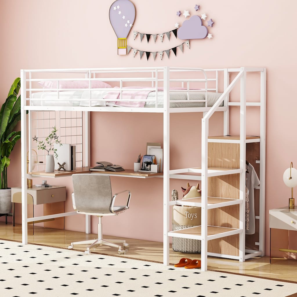 Twin Size Metal Loft Bed with Desk, Metal Grid, Storage Ladder, and Wardrobe
