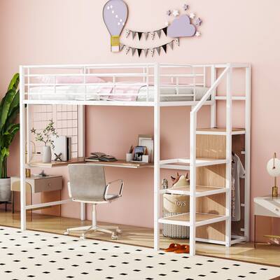 Twin Size Metal Loft Bed with Desk, Storage Ladder and Wardrobe