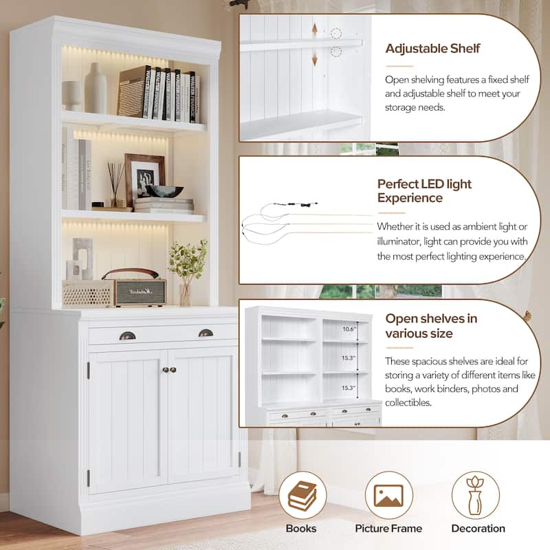 Merax 83.4" Tall LED-Lit Bookshelf Suite with Cabinets, Drawers & Modern Open Storage