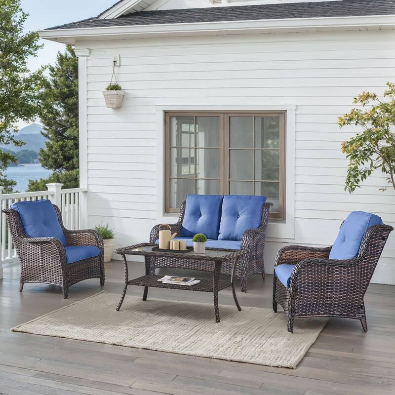 Outdoor Patio Chairs with Loveseat Table Brown-Blue - Brown - Brown - Blue