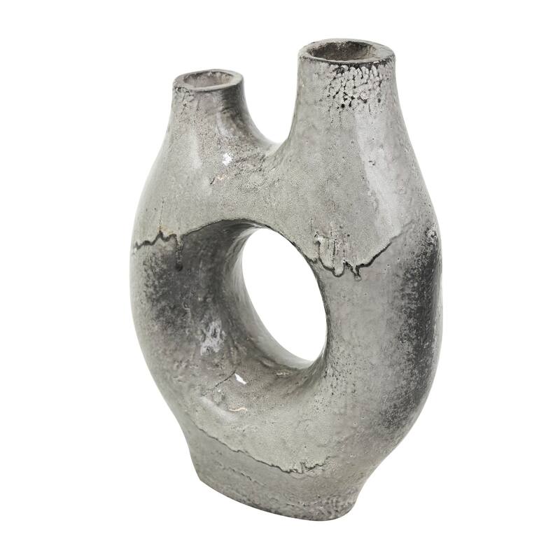 Gray Paper Mache Abstract Circular Vase with Dual Openings