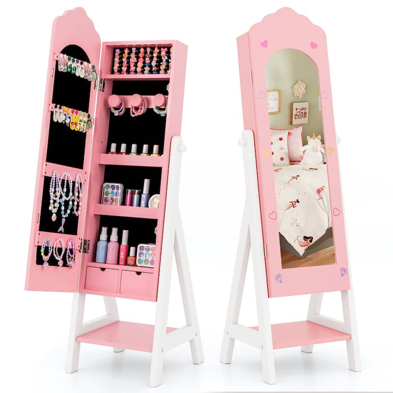 Gymax Kids Jewelry Cabinet Standing Children Jewelry Organizer w/ - Pink