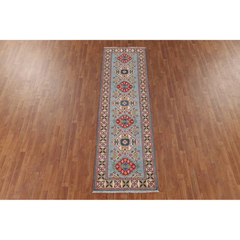 Light Blue Kazak Oriental Runner Rug Handmade Traditional Wool Carpet - 2'9" x 9'7"