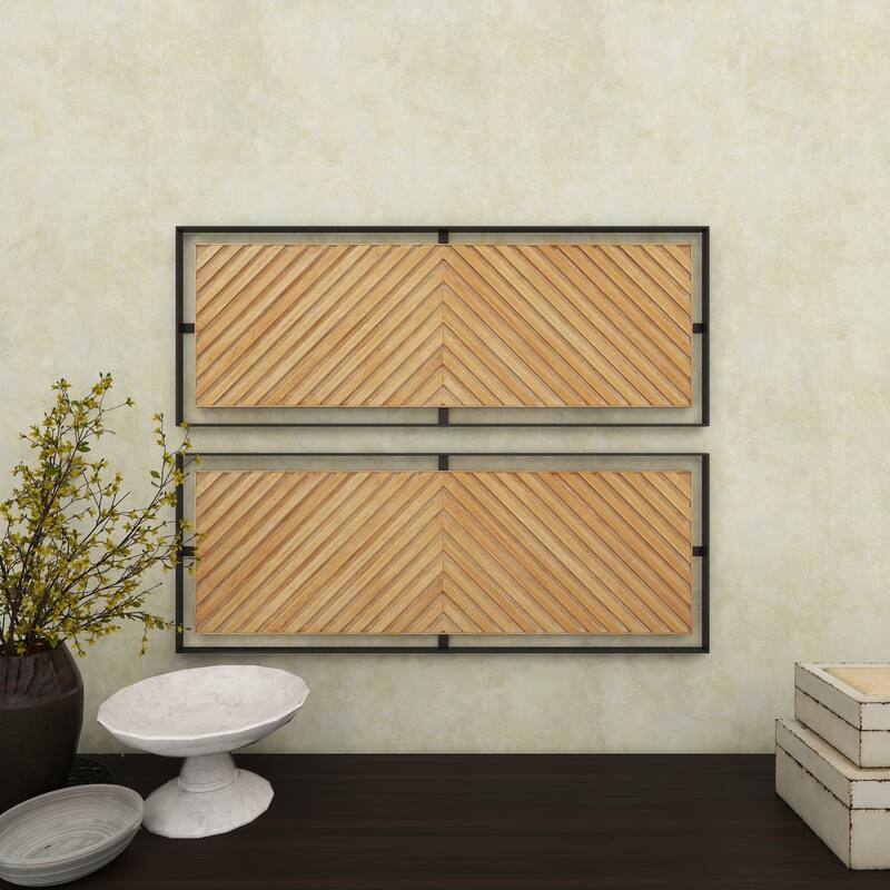 Brown Wooden Handmade Linear Carved Geometric Home Wall Decor with Black Frame (Set of 2)