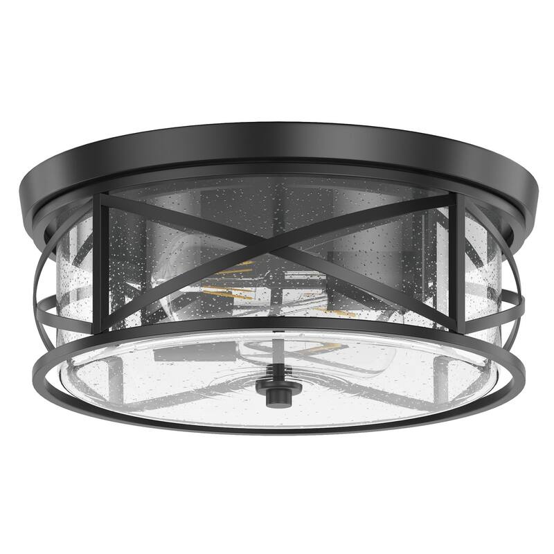 Farmhouse 2-Light Metal Frame Flush Mount Close to Ceiling Light with Seeded Glass Shade