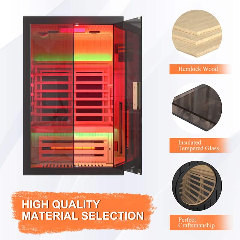 VEIKOUS 2-Person Hemlock Wood Infrared Sauna, 5 Carbon Panel 360° Heating Home Spa with Bluetooth, Oxygen Bar & Color Therapy