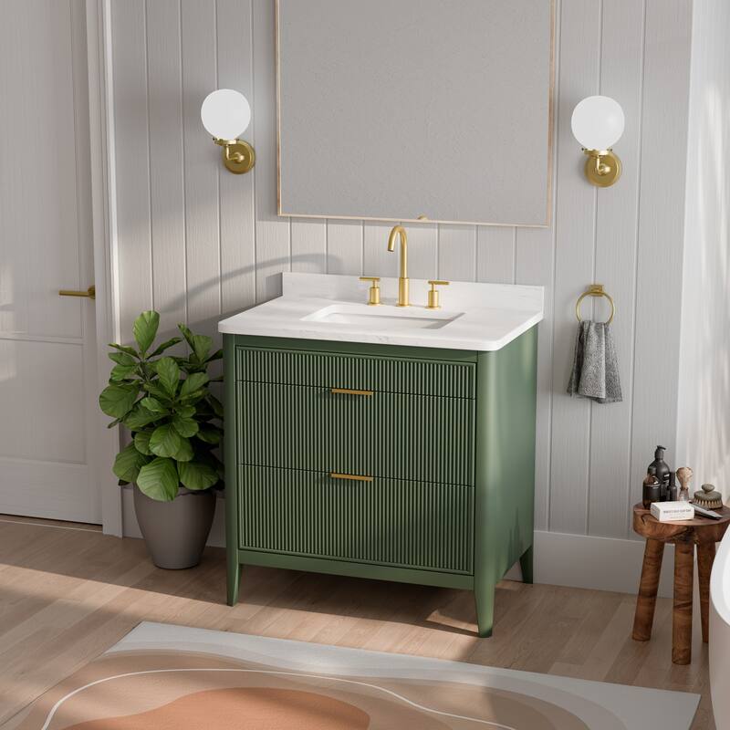 Modland 36" Freestanding Bathroom Vanity with Carrara Marble Top, Soft-Close Drawers, Fully Assembled, Green/Grey - 36 inch