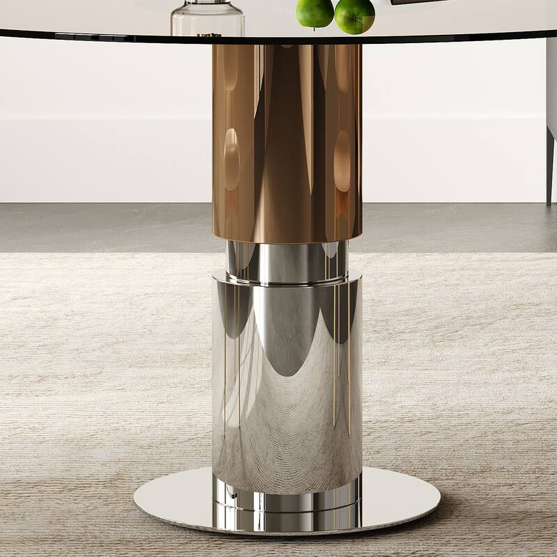 5 Piece Round Dining Table Set Tempered Glass Top Stainless Steel Base 4 Chairs