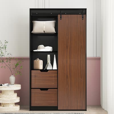 71" Freestanding Closet, Wooden Storage Wardrobe with Hanging Rod, Sliding Barn Door Design & Two Drawers