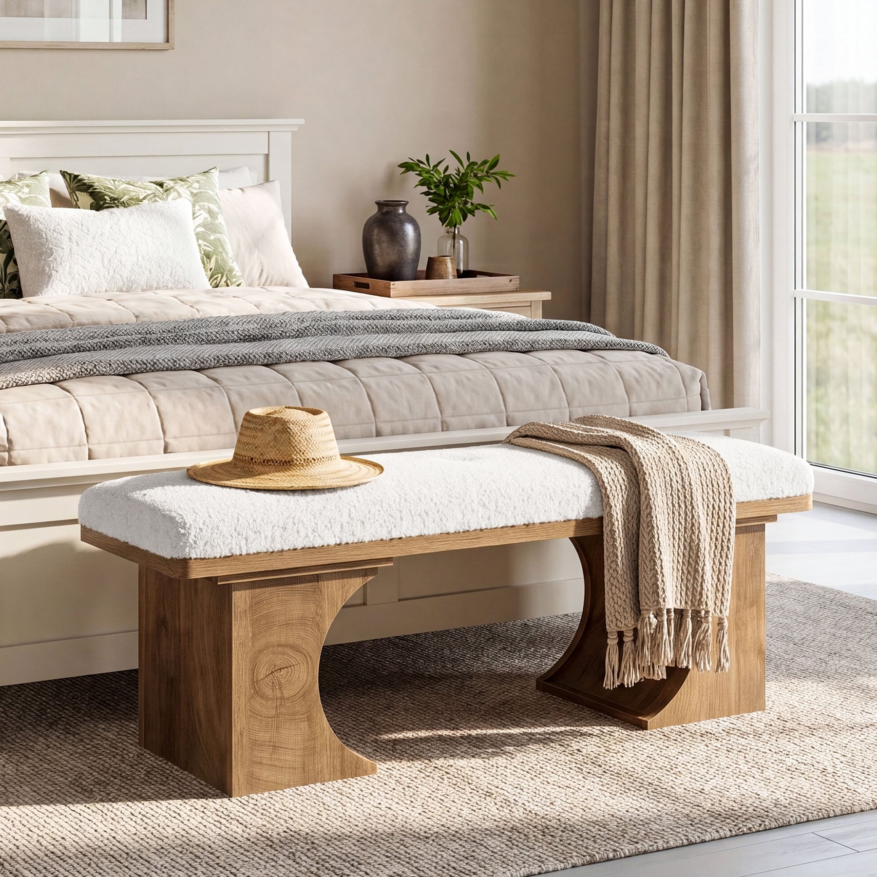 Curved Base Entryway Bench, Rustic 47 Inch Bedroom Bench with Tufted Bouclé Cushion
