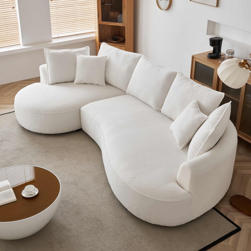 123" Modern Curved Sectional Sofa Couch With Chaise, Upholstery Boucle Sofa Couch With Pillows For Living Room, Left Facing  - White