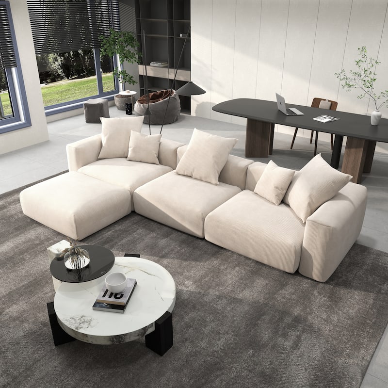 142" L-shape Oversized Corduroy Sectional Sofa Classic Deep Couch with Ottoman - Beige