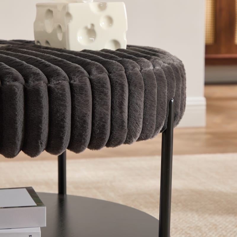 30.9"W Upholstered Coffee Table Ottoman,Round Coffee Table Bench with Storage Shelf and Metal Legs